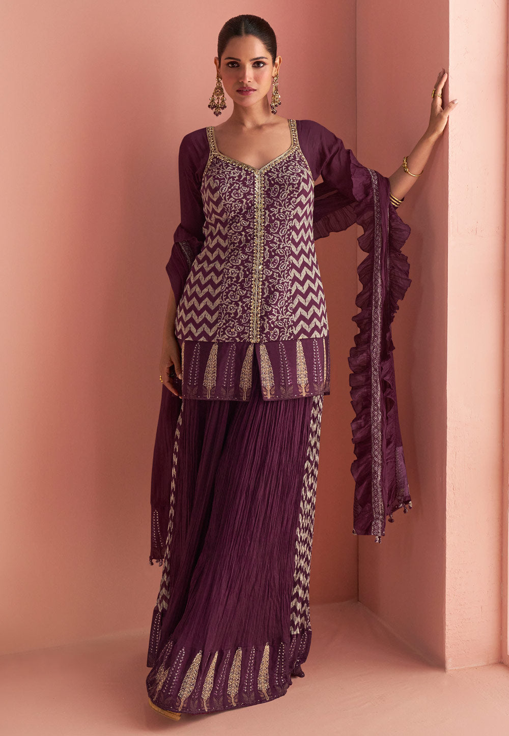 Wine Chinon Silk Palazzo Suit By Sayuri