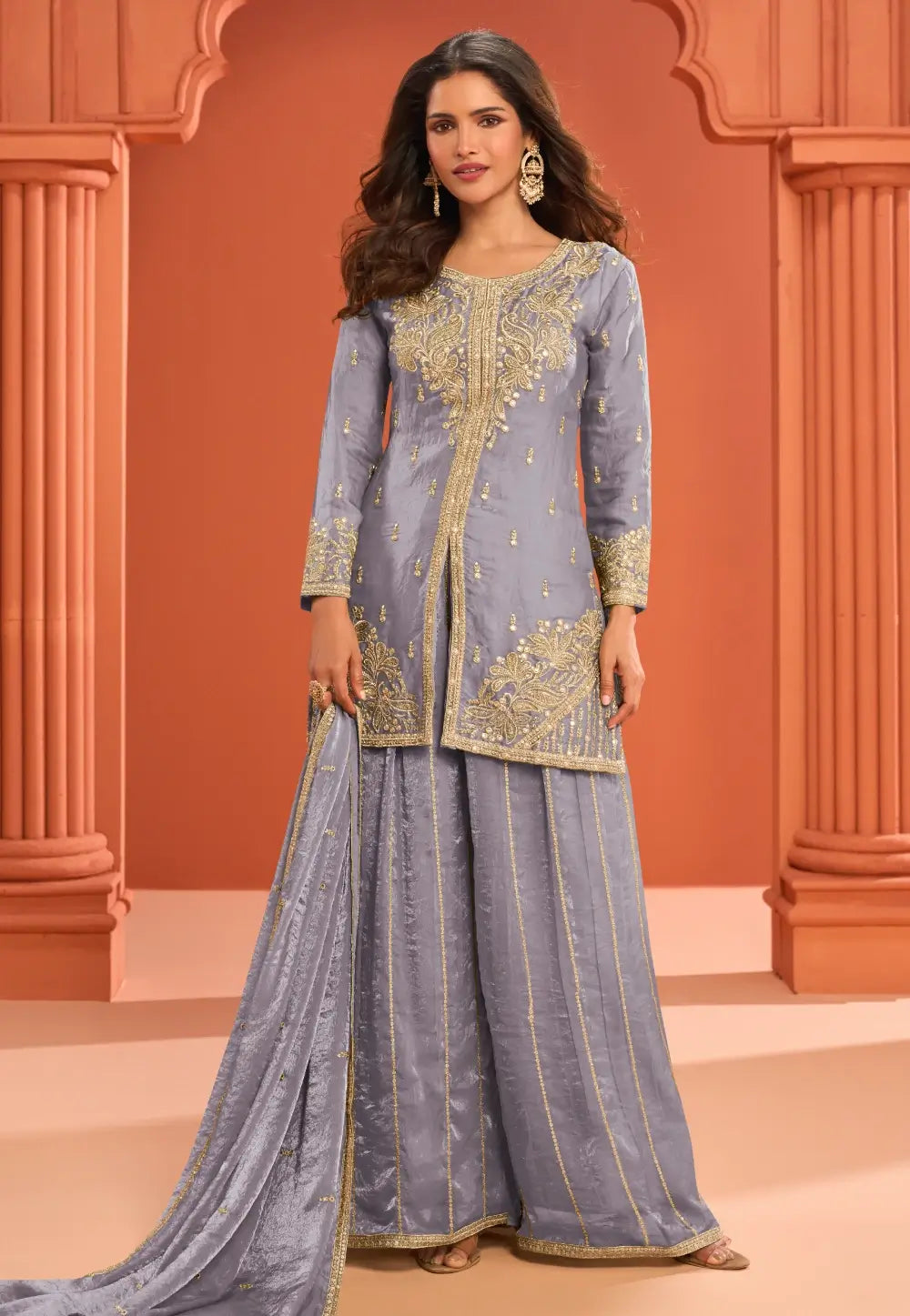 Blue Grey Embroidered Stylish Silk Sharara Suit