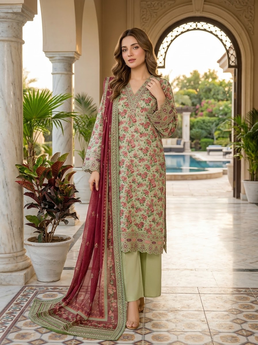 Bin Saeed Embroidered Lawn With Cotton Dupatta