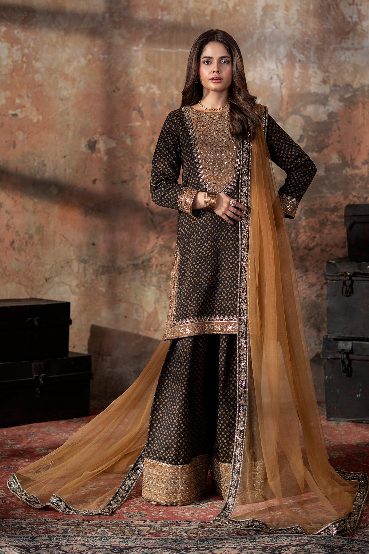 3-PC Embroidered Raw-Silk Suit By Charizma