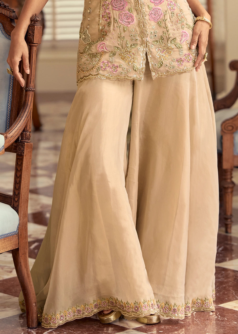 Beige Brown Simar Silk Palazzo Suit