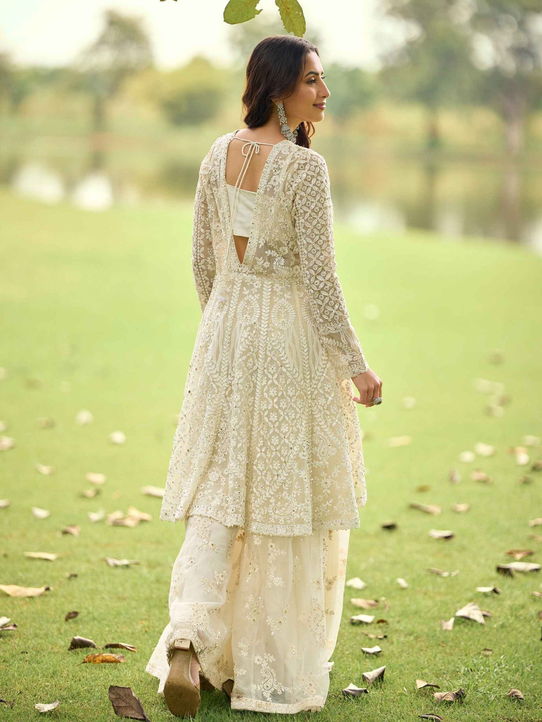 Sage Green & Ivory Net Embroidered Kurta Palazzo Set with Dupatta
