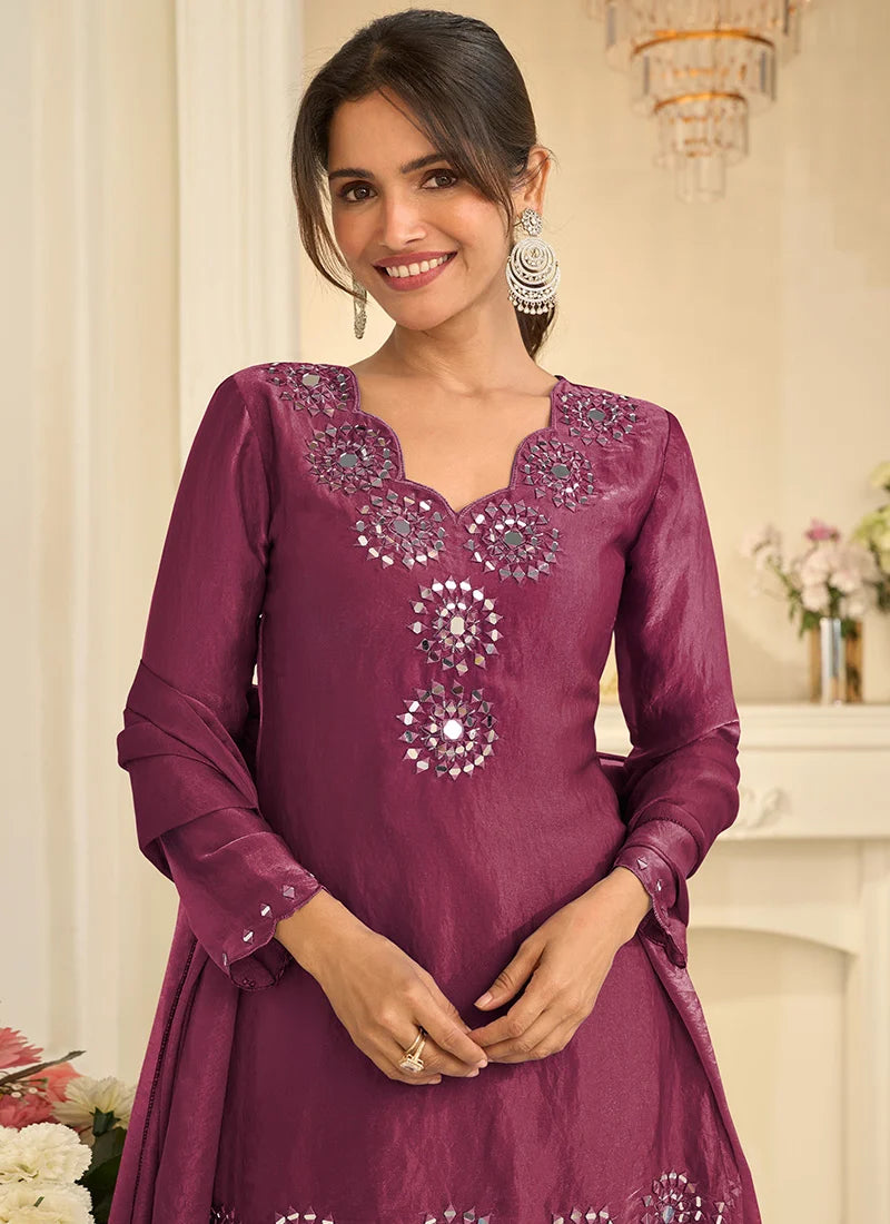Wine Tora Silk Embroidered Mirror Work Thread Palazzo Suit Festive Wear