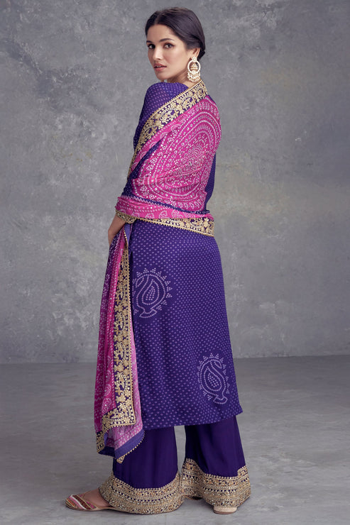 Blue Chinon Suit With Bandhej Print