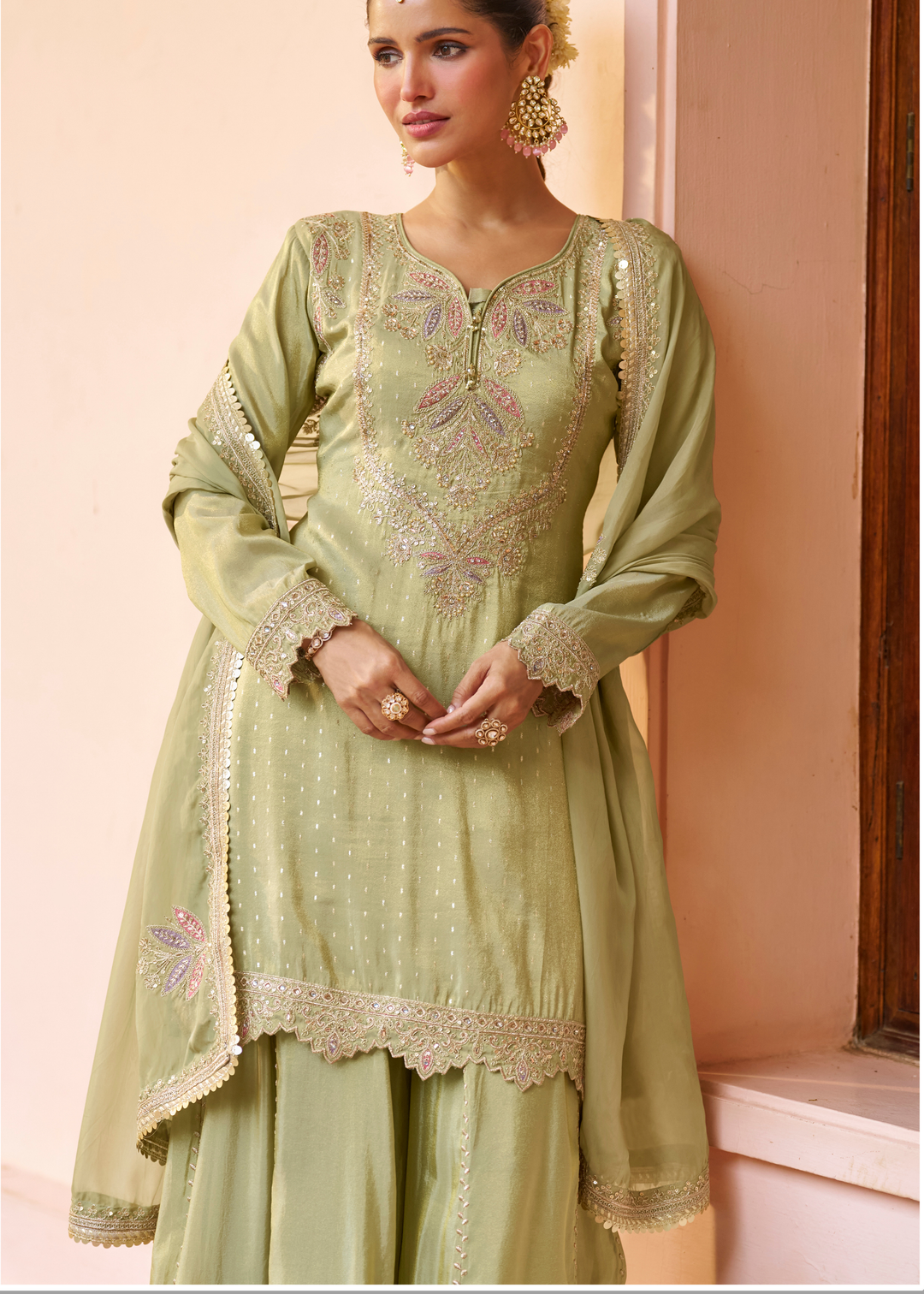Pastel Green Embroidered Chinon Sharara Suit