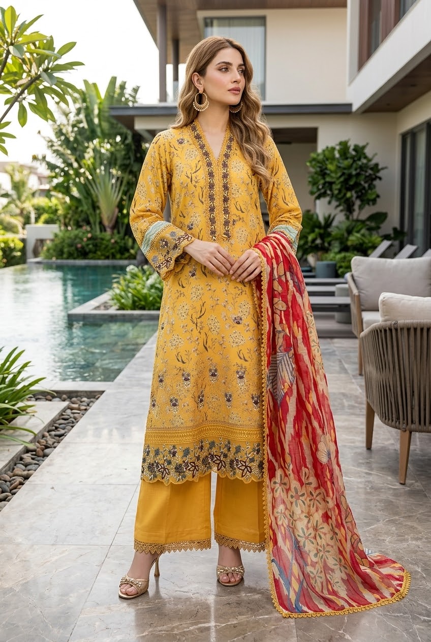 Mehreen By Munira Designer Golden Bloom Lawn Suit