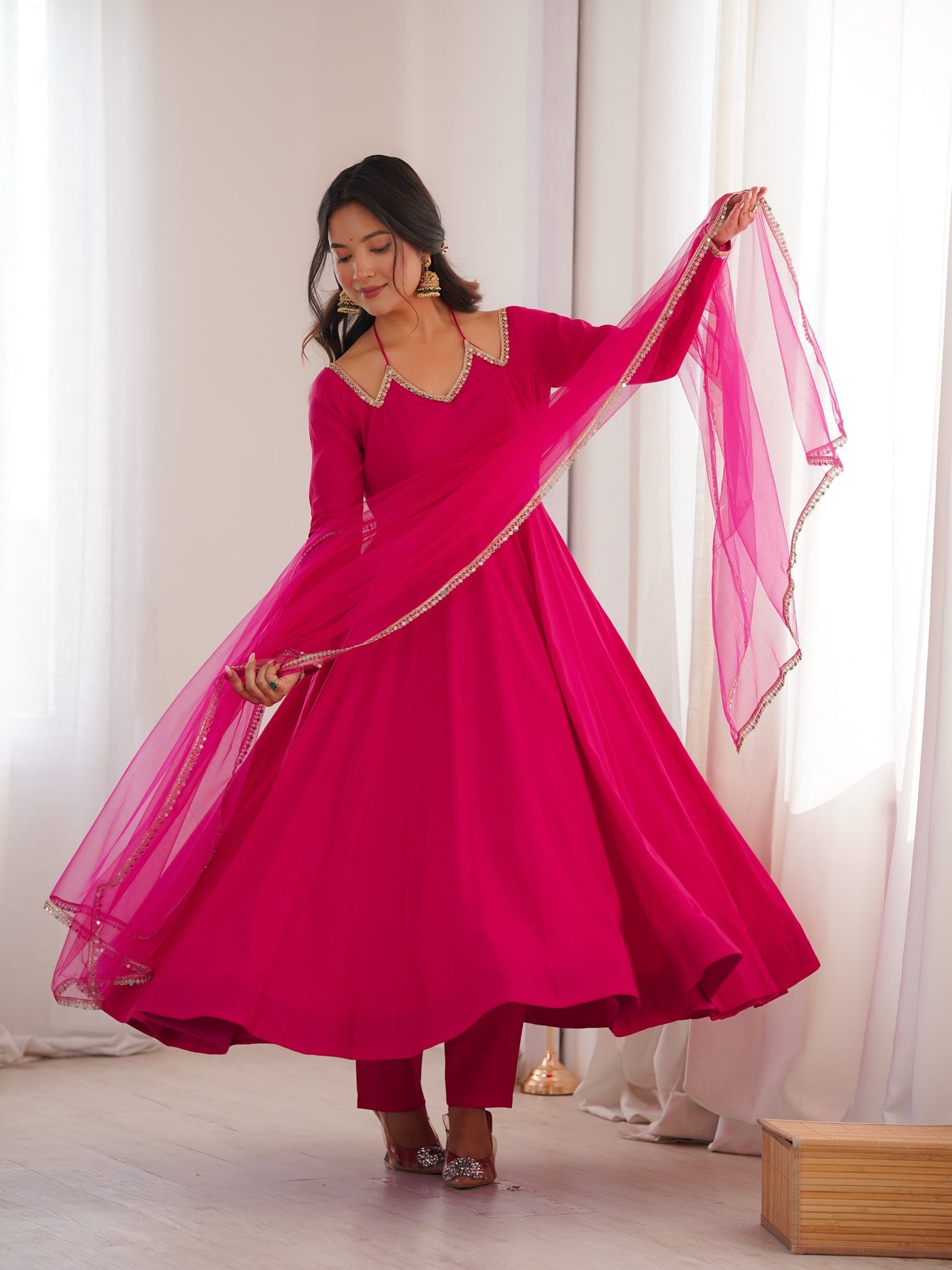 Pink Pure Chanderi Fabric Fully Flare Anarkali Salwar Suit