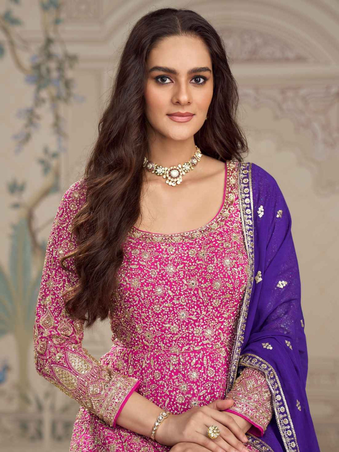 Pink Georgette Zarkan Embroidered Anarkali Gown with Dupatta