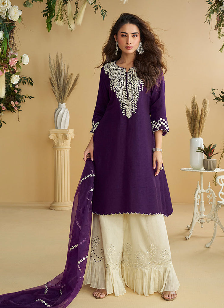 Purple And Cream Mirror Work Embroidery Palazzo Style Suit