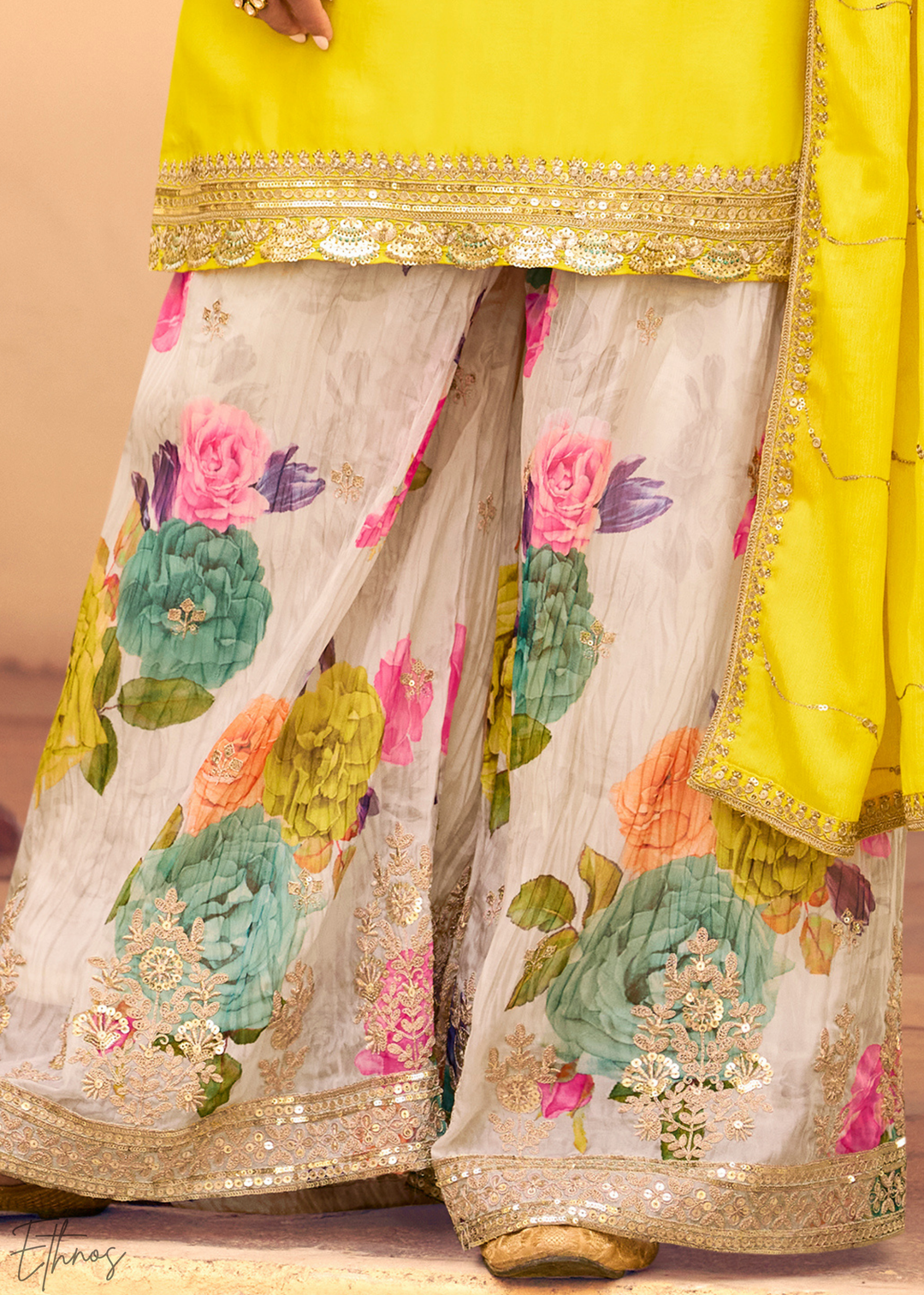 Sunshine Yellow Chinon Silk Sharara Suit
