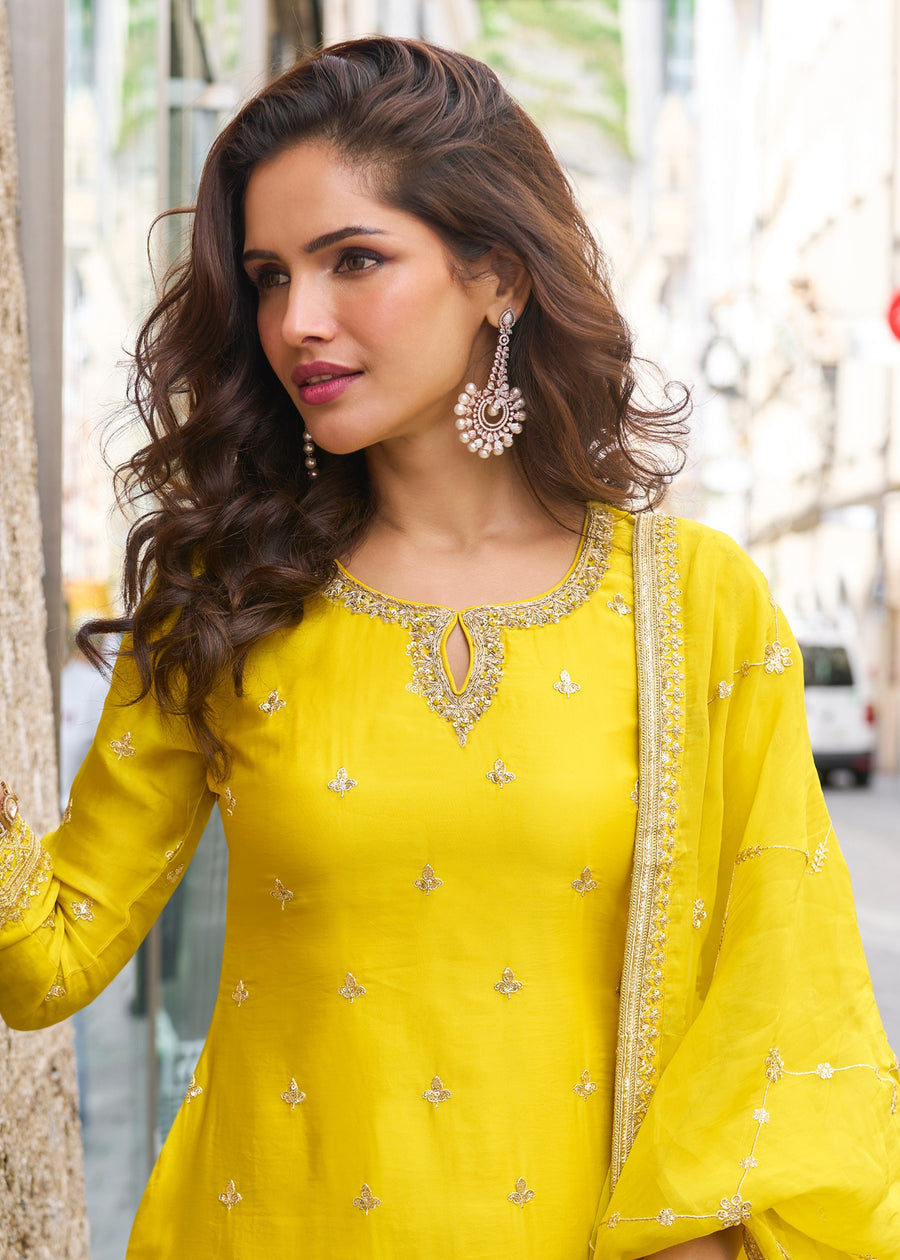 Pineapple Yellow Chinon SIlk Palazzo Suit