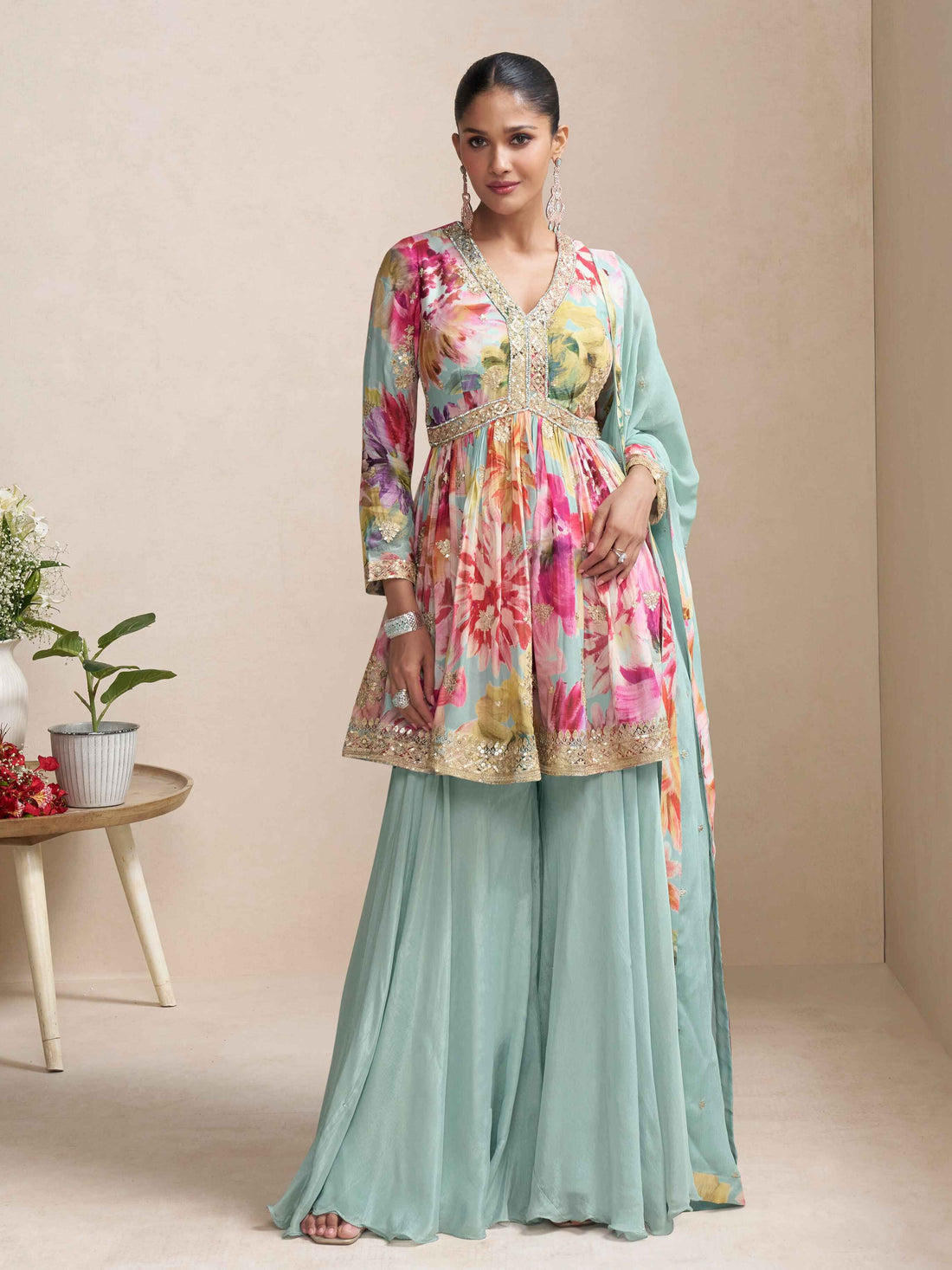 Multicolor Floral Printed Palazzo Premium Festive Wear Salwar Kameez