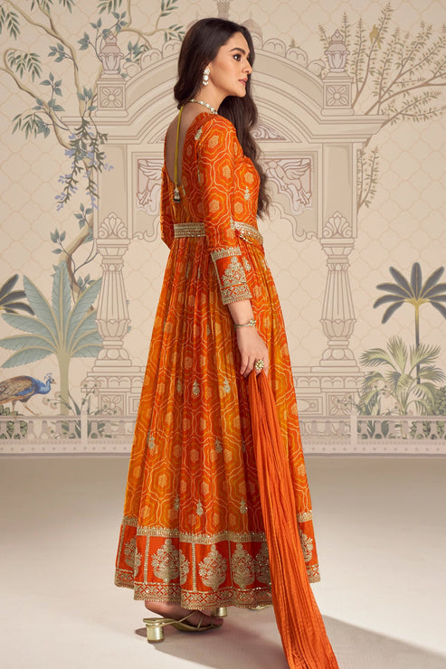 Orange Embroidered Chinon Silk Suit