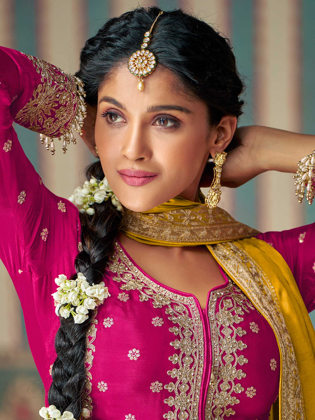 Embroidered Chinon Silk Kurta With Plazzo & Dupatta