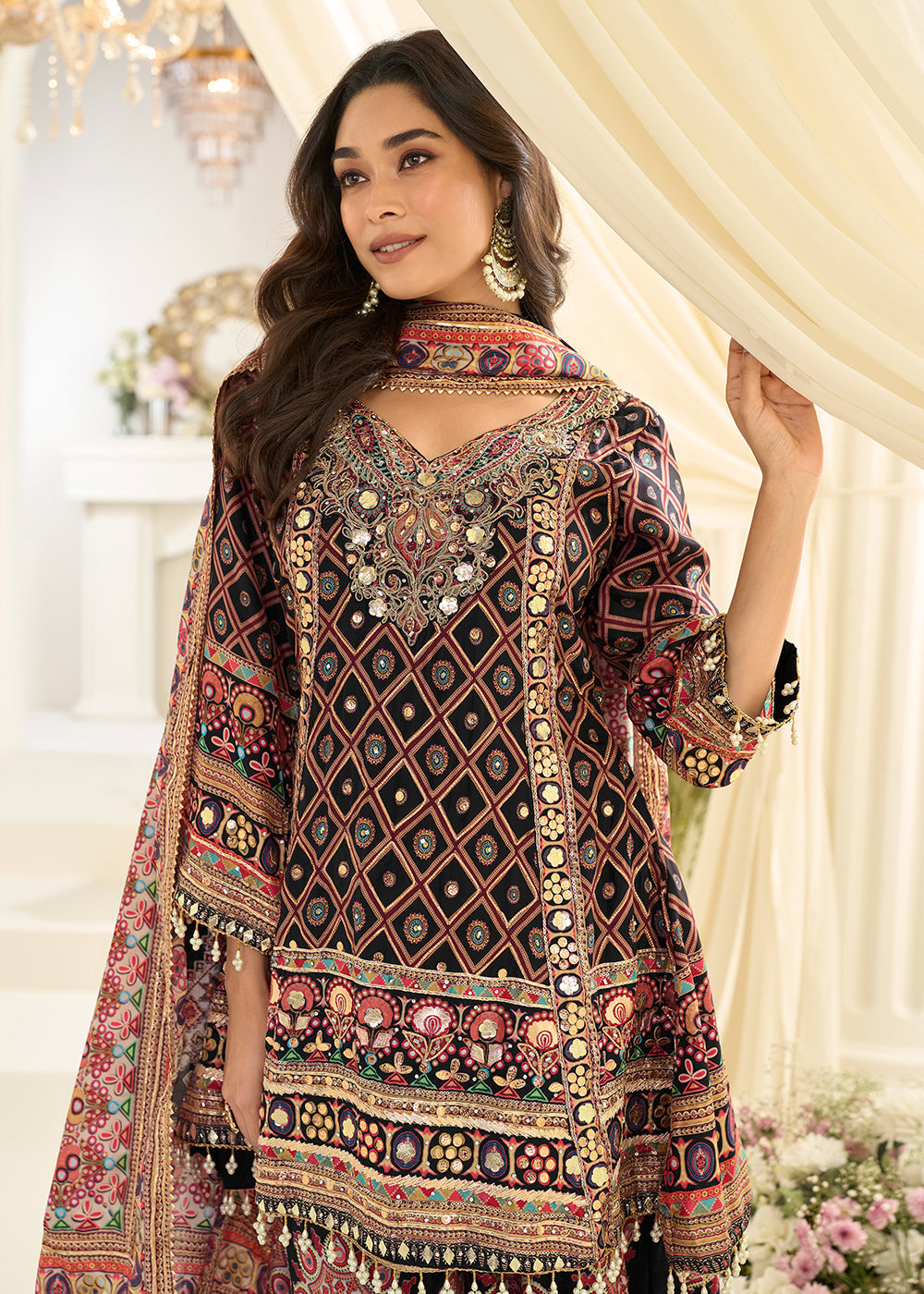 Black Crepe Silk Aari & Gota Patti Work Palazzo Style Suit