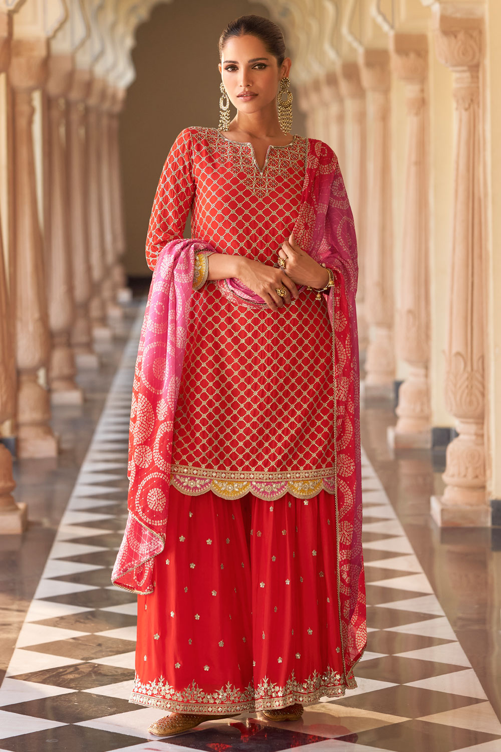 Red Chinon Silk Embroidered & Printed Sharara Kurta Set