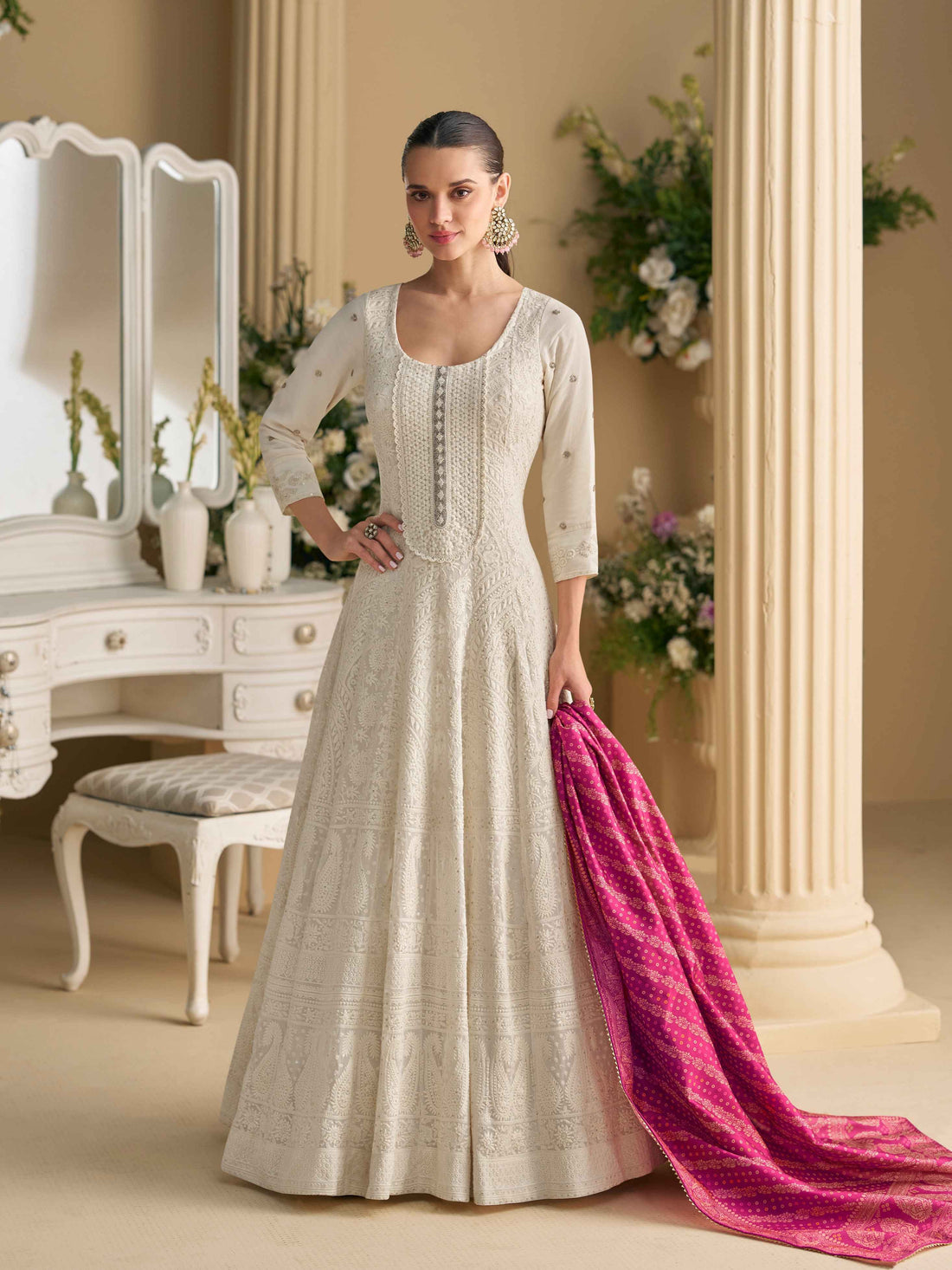 Ivory White Real Georgette Chikankari Anarkali Suit with Dupatta