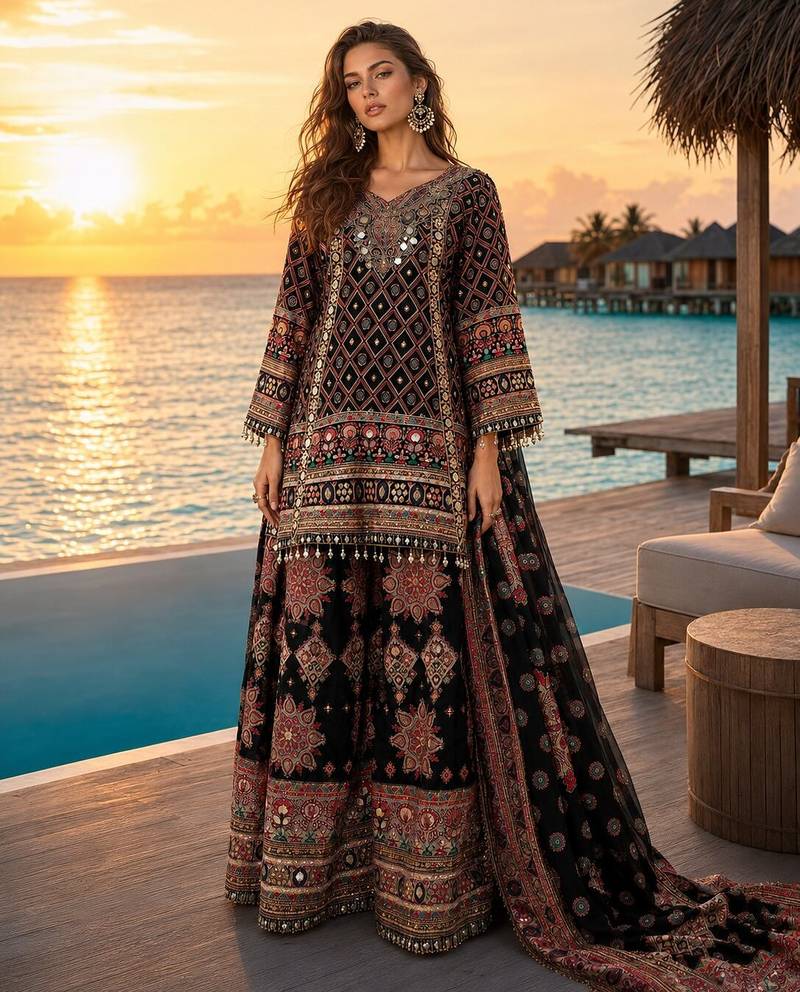 Black Crepe Silk Aari & Gota Patti Work Palazzo Style Suit
