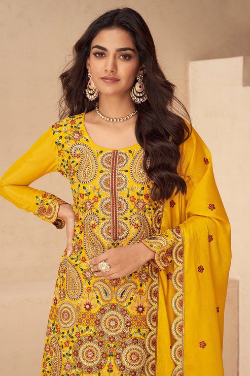 Yellow Embroidered Chinon Suit