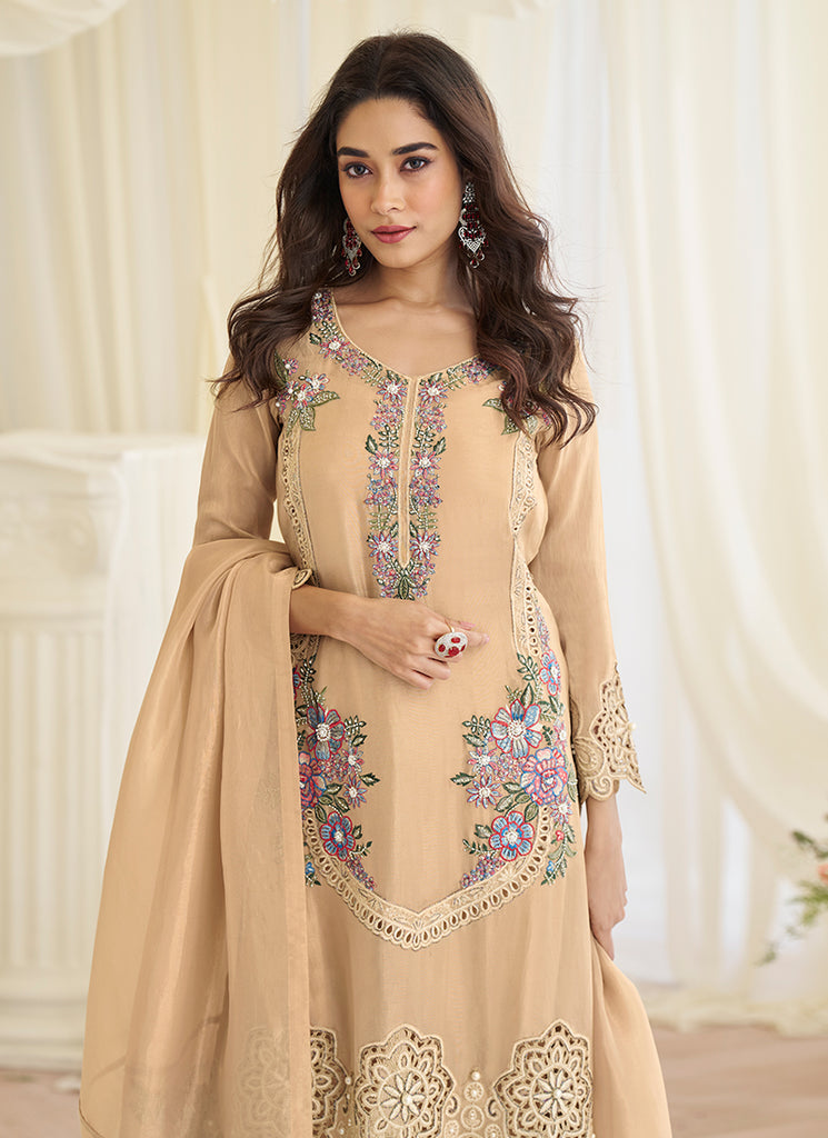 Peach Embroidered Silk Farshi Salwar Suit