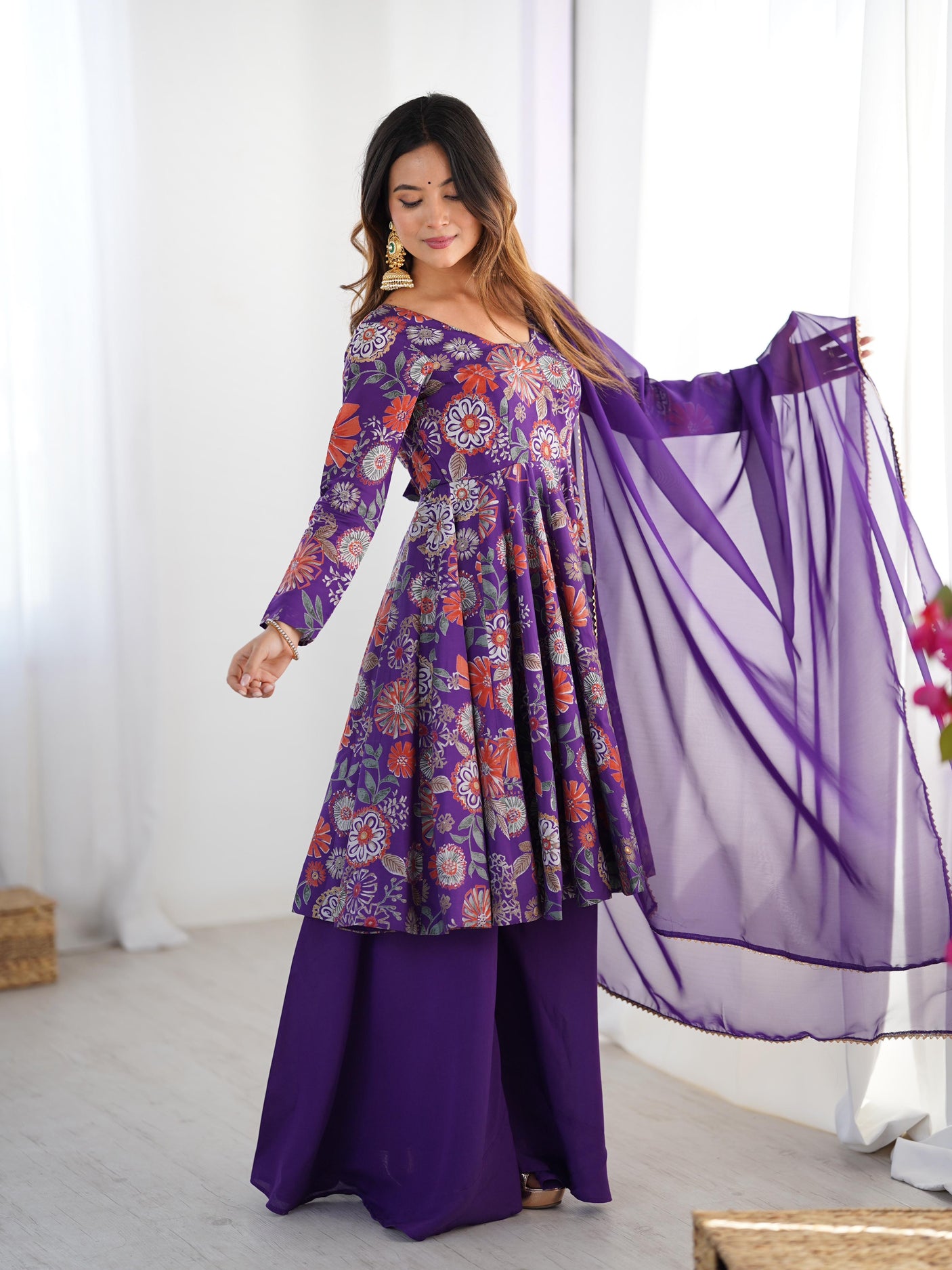 Purple Elegant Roman Silk Chanderi Kediya Kurta Set with Dupatta & Palazzo