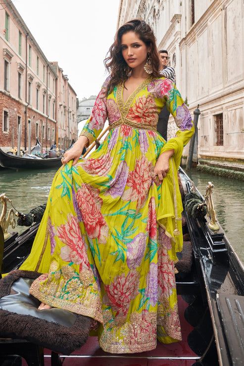 Lime Green Chinon Silk Gown with Dupatta