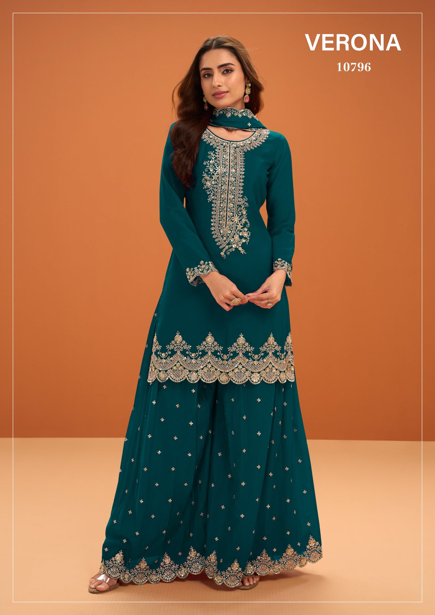 Blue Chinon Embroidered Suit