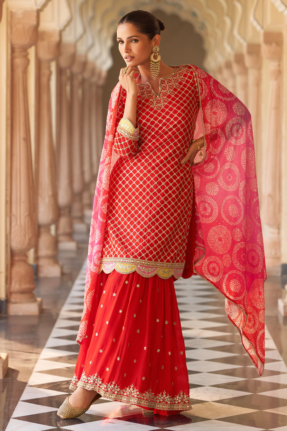 Red Chinon Silk Embroidered & Printed Sharara Kurta Set