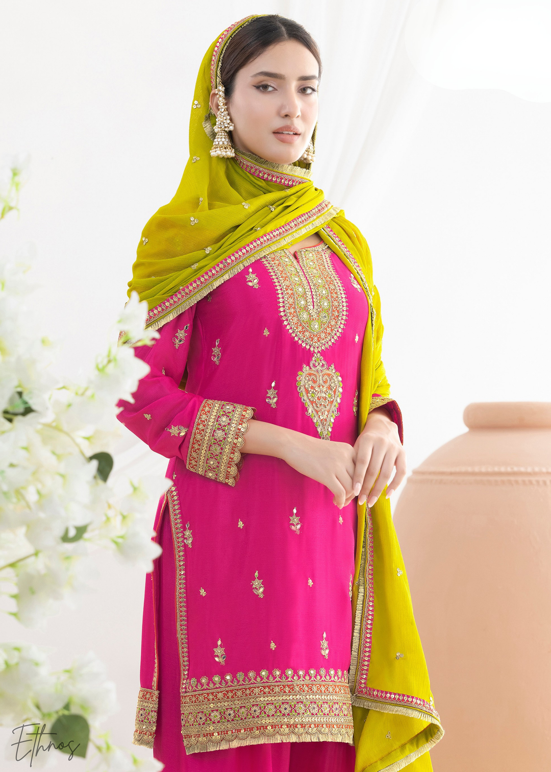 Bright Pink Chinon Silk Salwar Suit