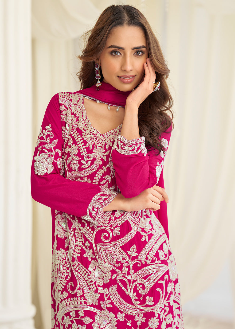 Pink Premium Chinnon Silk & Georgette, Pant Style Salwar Suit