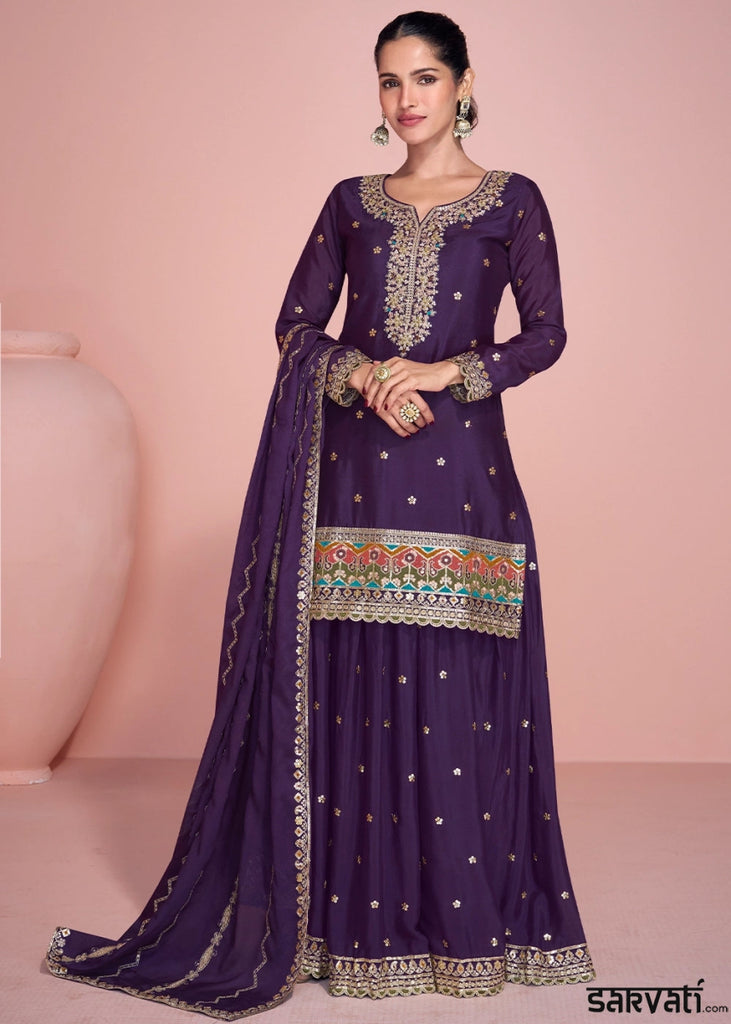 Eggplant Purple Chinon Silk Sharara Suit