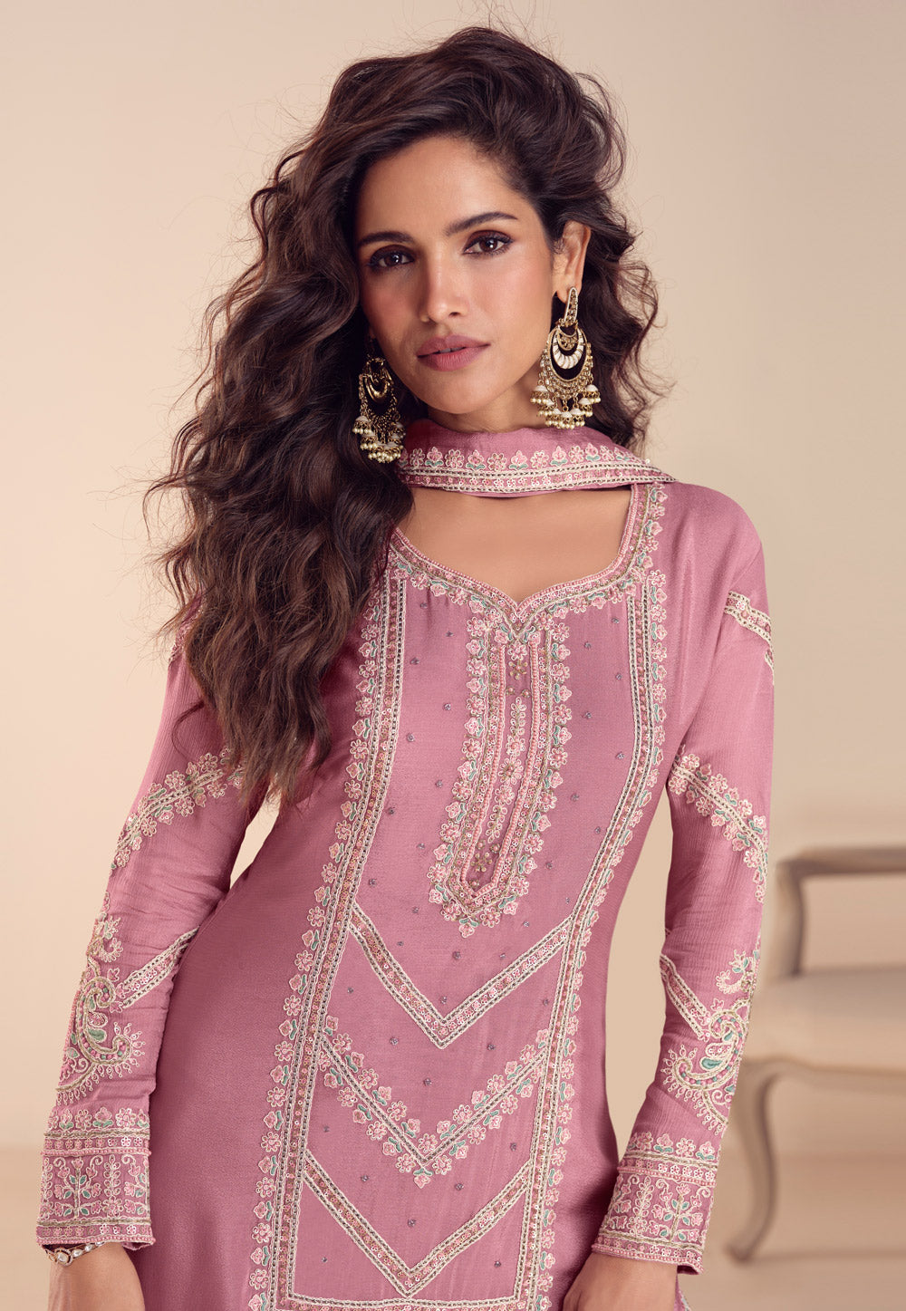 Pink Chinon Palazzo Suit