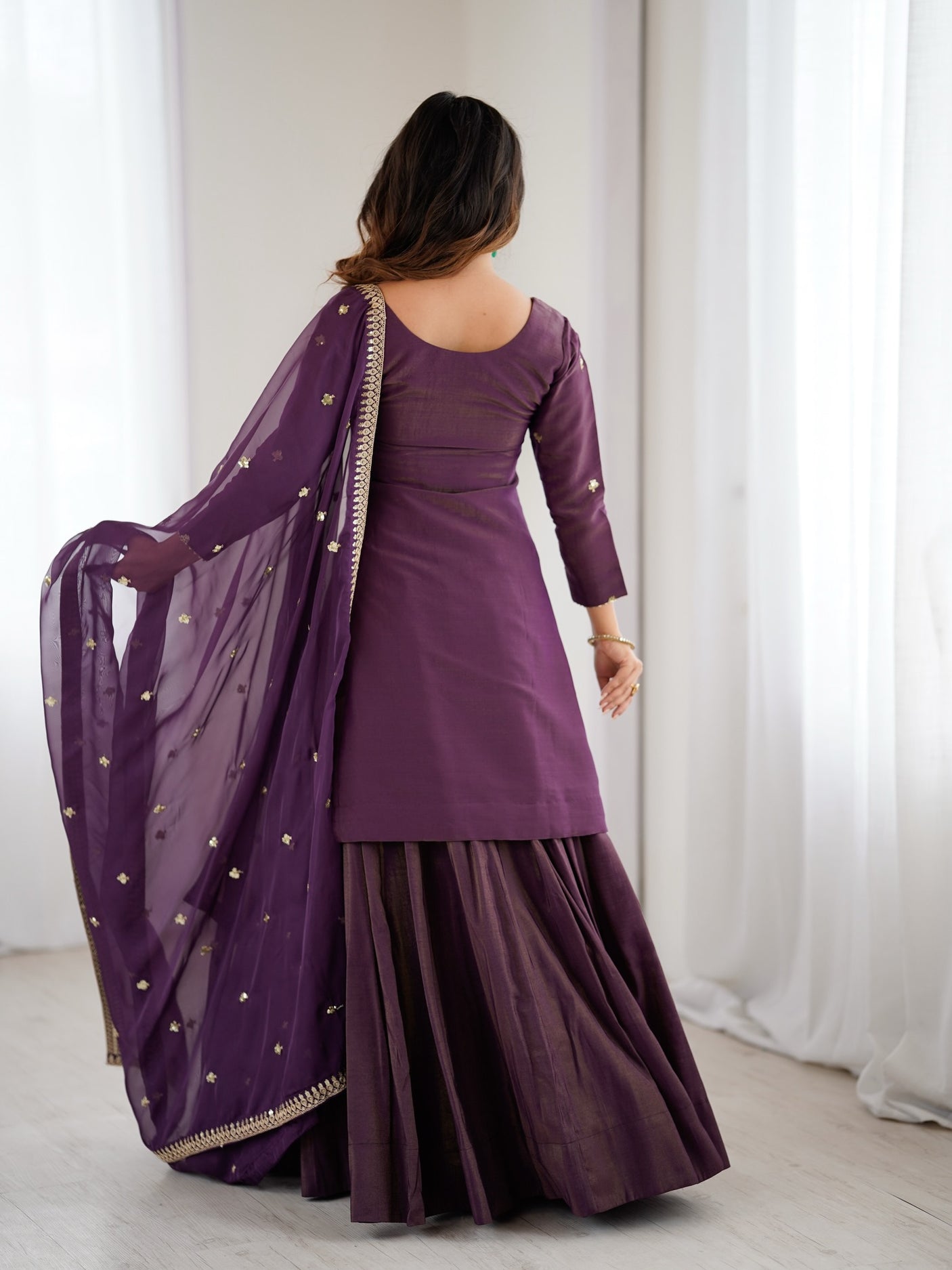 Odette Wine Silk Embroidered Sharara Set