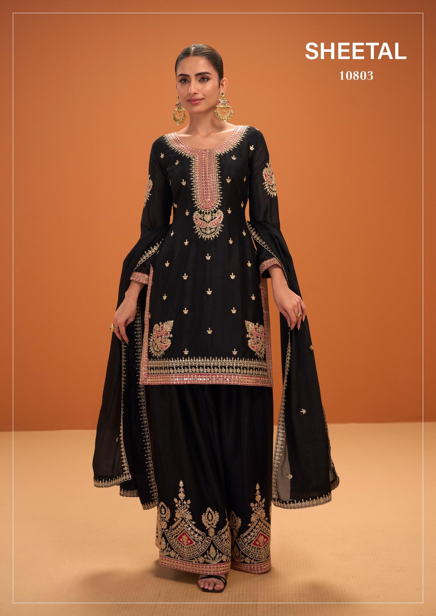 Attractive Black Chinnon Silk Festive Palazzo Suit
