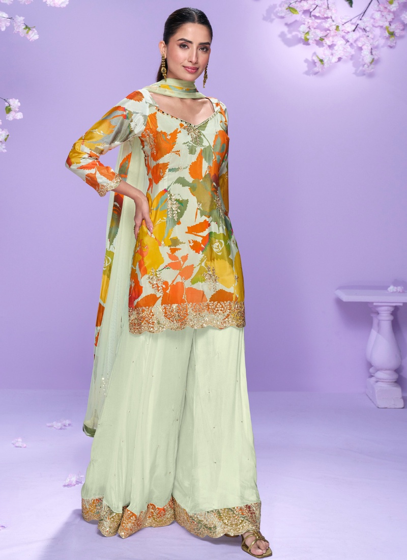 Orange & Green Floral Chinon Palazzo Suit with Dupatta