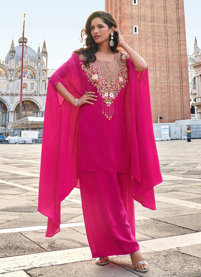 Rani Pink Crepe Silk Zari Beads Sequins Zardosi
