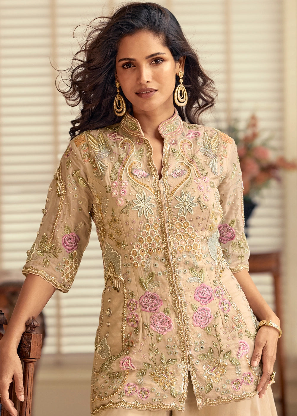 Beige Brown Simar Silk Palazzo Suit