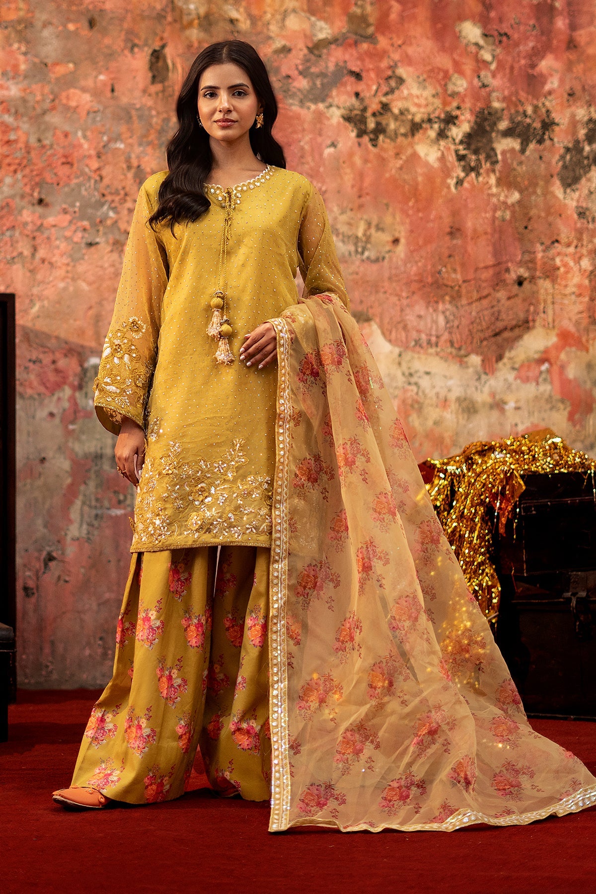 3-PC Embroidered Raw-Silk Suit By Charizma