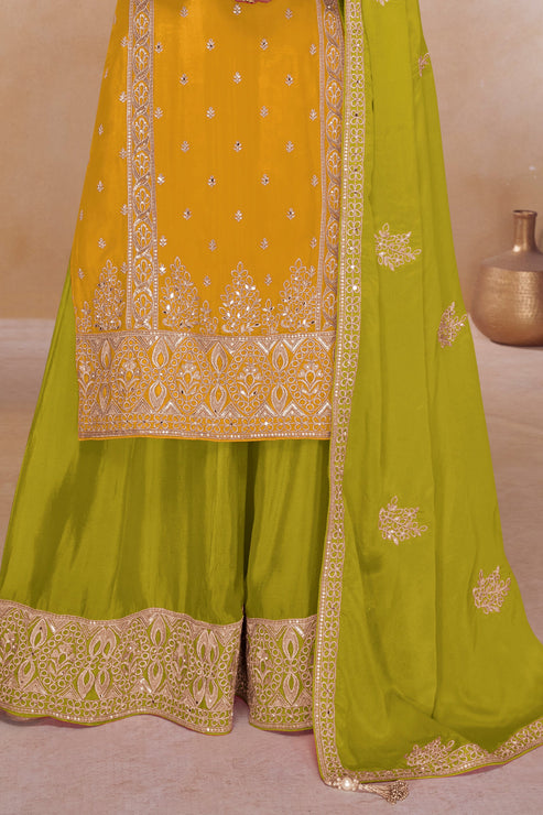 Yellow Chinon Embroidered Suit