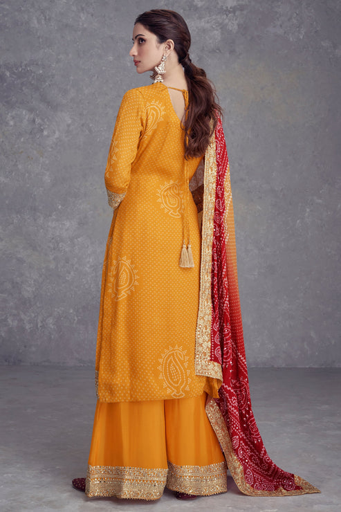 Yellow Chinon Suit With Bandhej Print