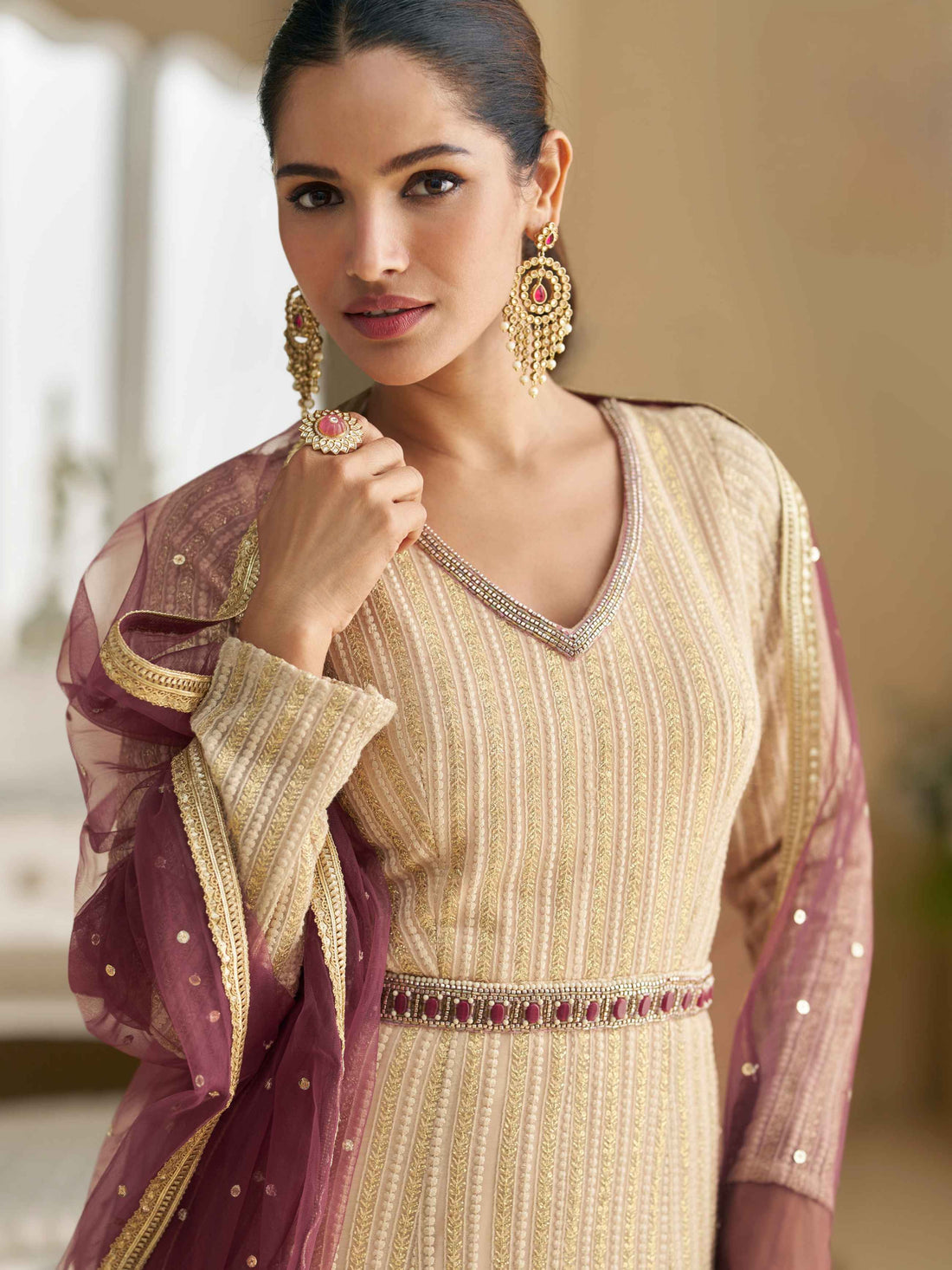 Wine Ombre Real Georgette Chikankari Anarkali Suit with Dupatta