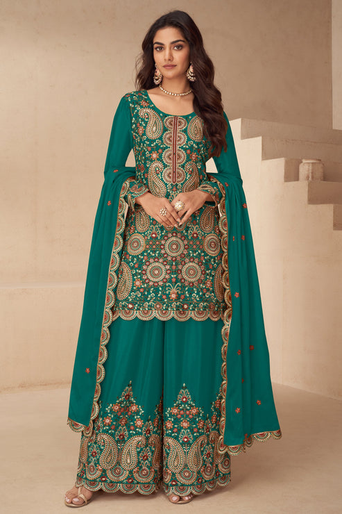 Green Embroidered Chinon Suit