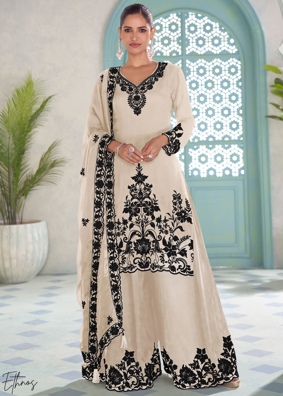 Ivory Chinon Embroidery Palazzo Suit