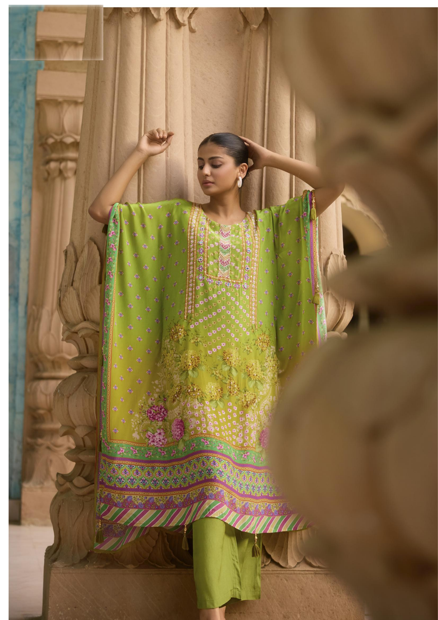Green Aster Floral Relaxed Fit Kaftan Pant Set