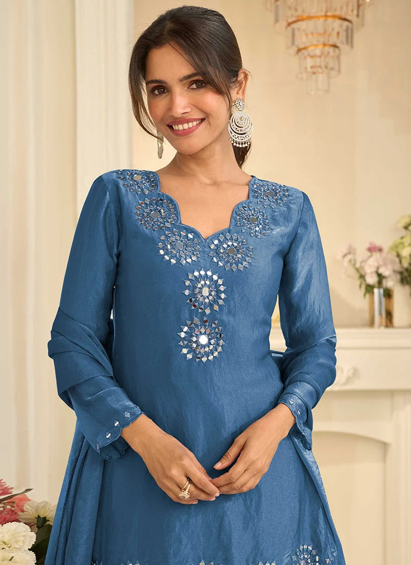 Blue Tora Silk Embroidered Mirror Work Thread Palazzo Suit Festive Wear