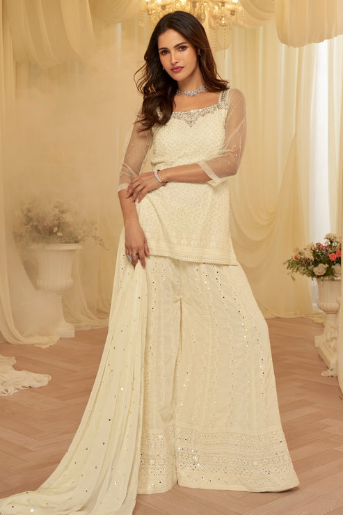 Off White Embroidered Georgette Sharara Suit