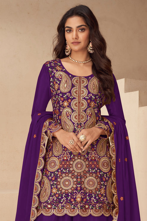 Purple Embroidered Chinon Suit
