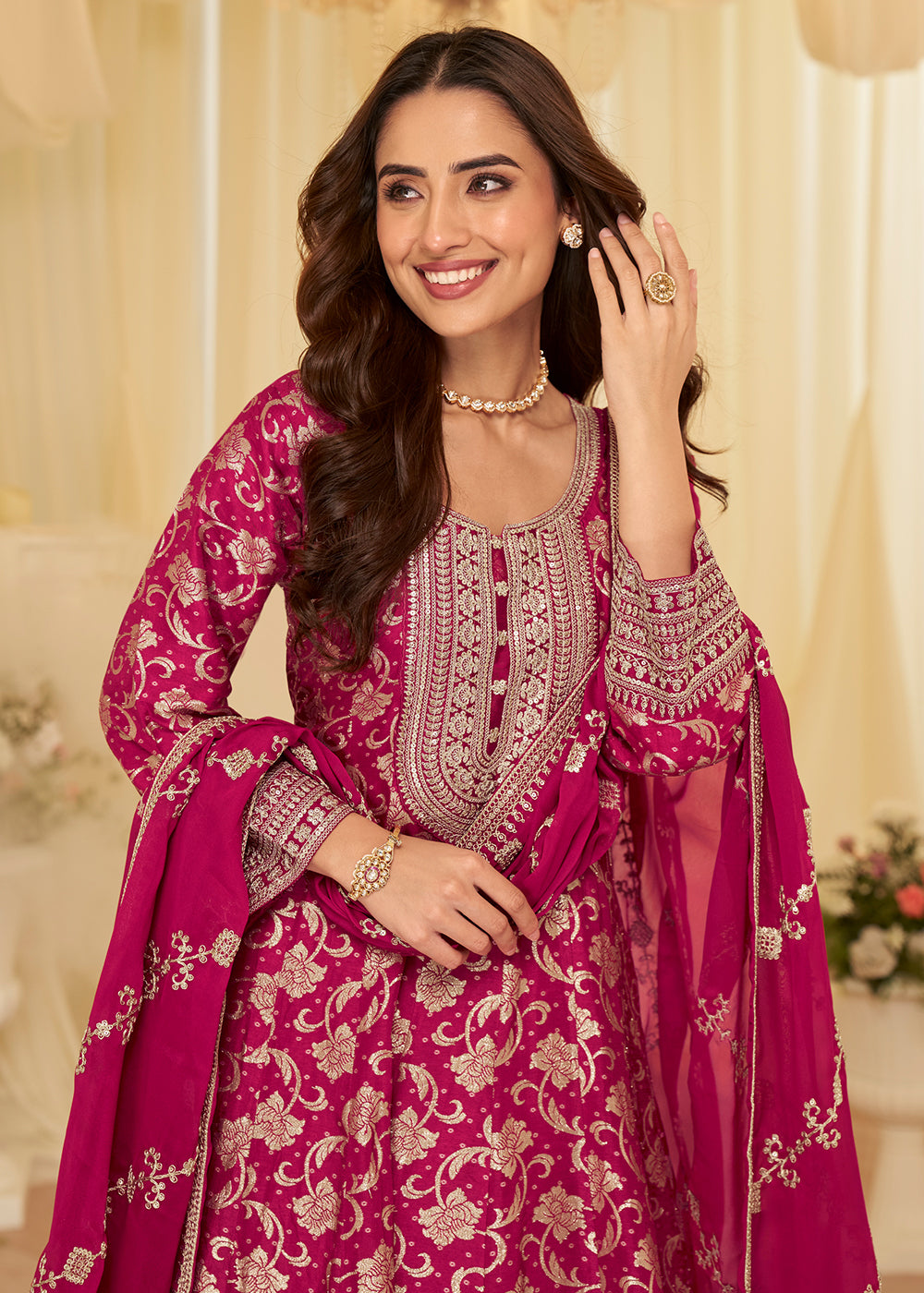 Pink Viscose Jacquard Silk With Embroidery Work Anarkali Suit