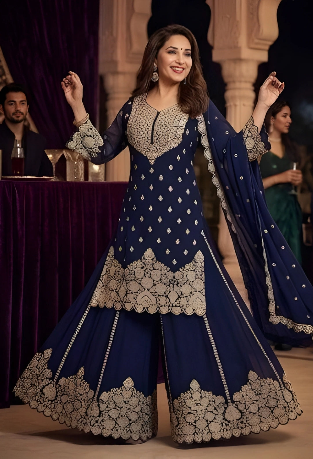 Elegant Navy Blue Georgette Embroidered Palazzo Suit with Dupatta