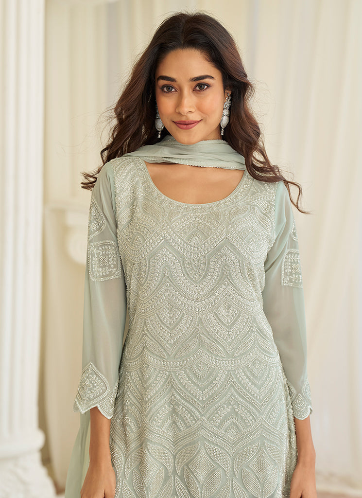 Pastel Green Handwork Embroidery Pant Style Suit